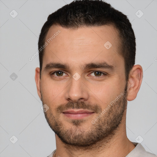 Neutral white young-adult male with short  brown hair and brown eyes