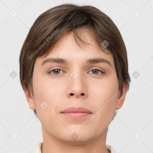 Neutral white young-adult female with short  brown hair and brown eyes