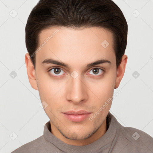 Neutral white young-adult male with short  brown hair and brown eyes