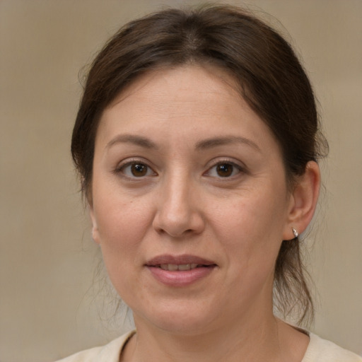 Joyful white adult female with medium  brown hair and brown eyes