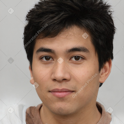 Neutral asian young-adult male with short  brown hair and brown eyes