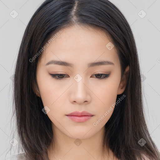 Neutral asian young-adult female with long  brown hair and brown eyes