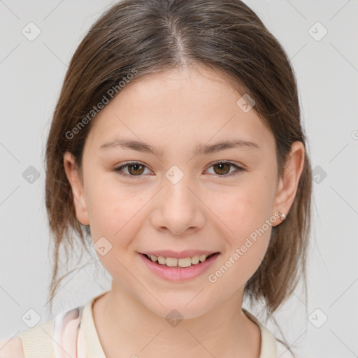 Joyful white child female with medium  brown hair and brown eyes