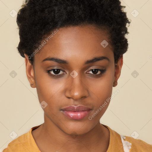 Neutral black young-adult female with short  brown hair and brown eyes