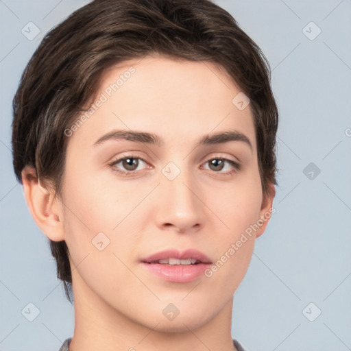 Neutral white young-adult female with short  brown hair and brown eyes