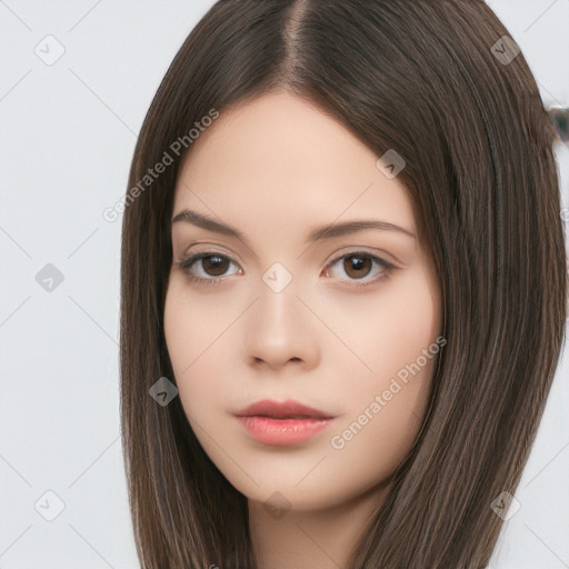 Neutral white young-adult female with long  brown hair and brown eyes