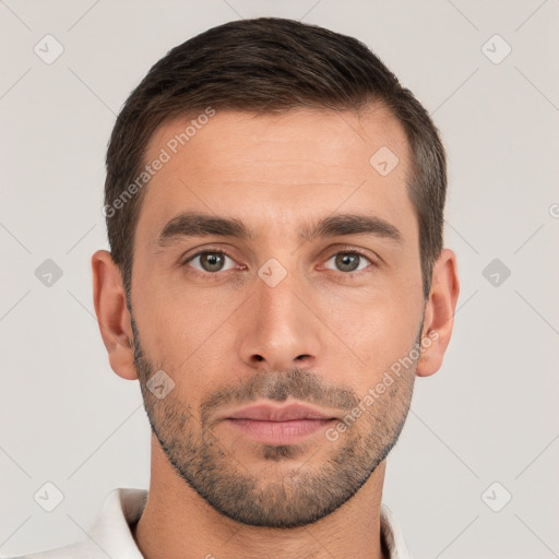 Neutral white young-adult male with short  brown hair and brown eyes