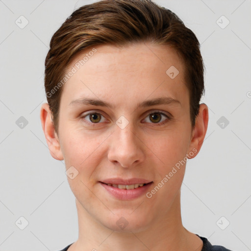 Joyful white young-adult female with short  brown hair and grey eyes