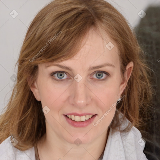 Joyful white young-adult female with medium  brown hair and blue eyes