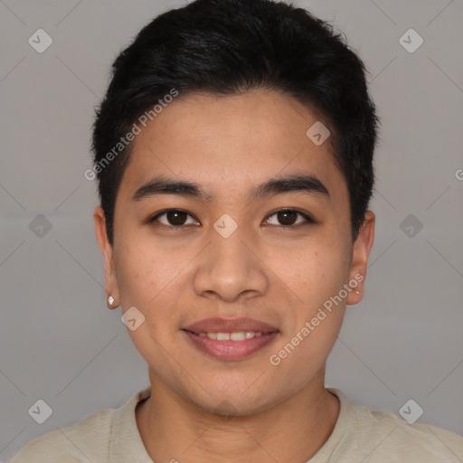 Joyful asian young-adult male with short  black hair and brown eyes