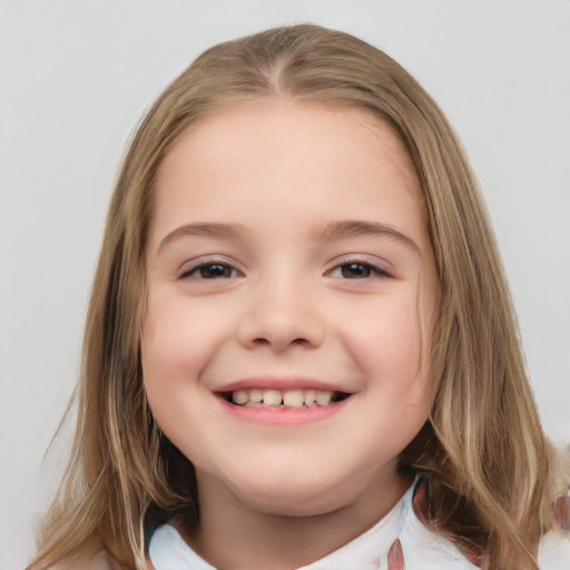 Joyful white child female with medium  brown hair and brown eyes