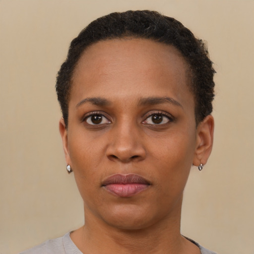 Neutral black young-adult female with short  black hair and brown eyes