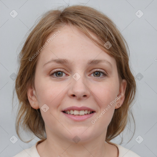 Joyful white young-adult female with medium  brown hair and blue eyes