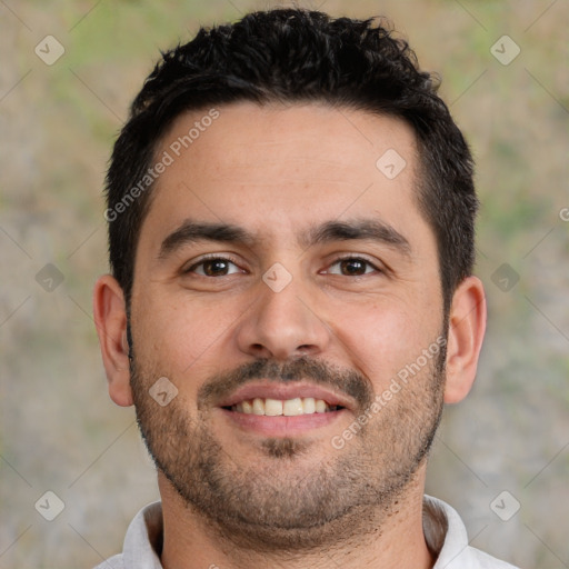 Joyful white young-adult male with short  black hair and brown eyes