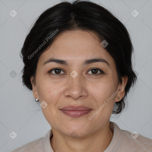 Joyful white adult female with medium  brown hair and brown eyes