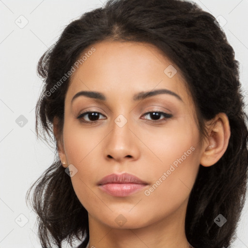 Neutral latino young-adult female with long  brown hair and brown eyes