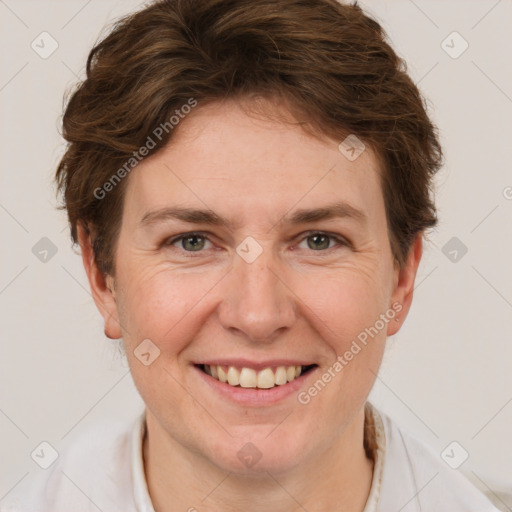 Joyful white adult female with short  brown hair and grey eyes