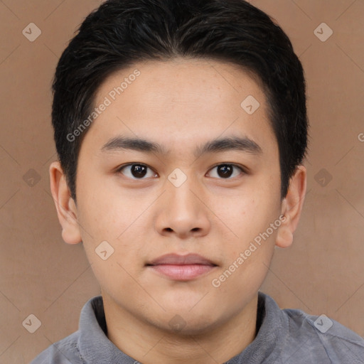 Neutral asian young-adult male with short  brown hair and brown eyes