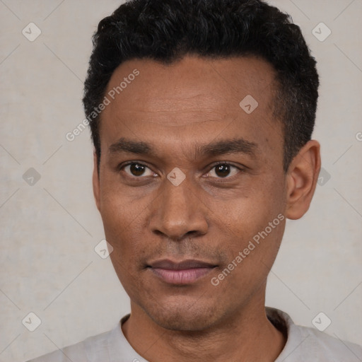 Neutral latino adult male with short  black hair and brown eyes