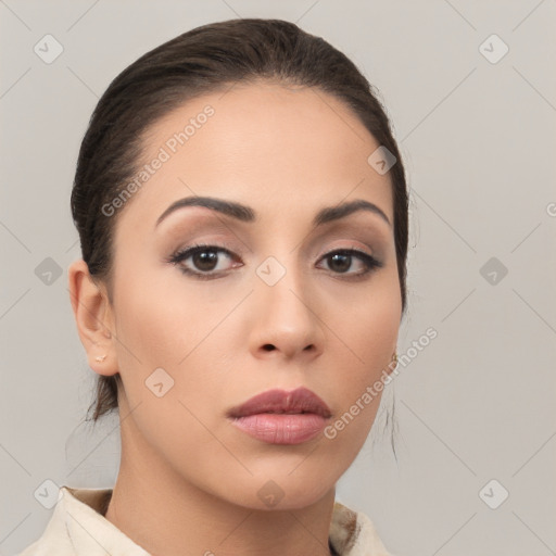 Neutral white young-adult female with medium  brown hair and brown eyes