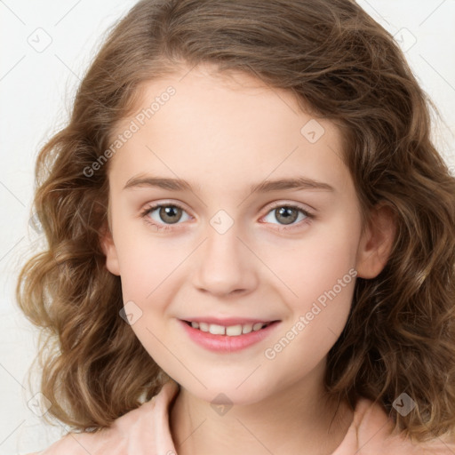 Joyful white child female with medium  brown hair and brown eyes