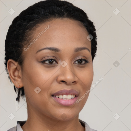 Joyful black young-adult female with short  brown hair and brown eyes