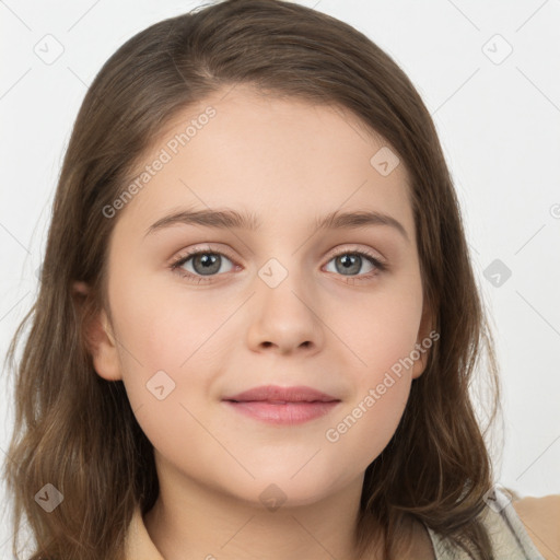 Joyful white child female with medium  brown hair and brown eyes