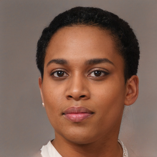 Neutral black young-adult female with short  black hair and brown eyes
