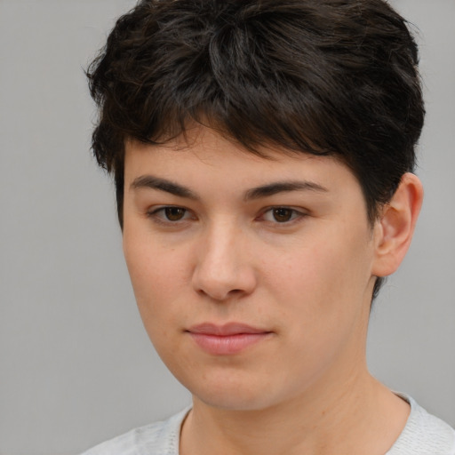 Neutral white young-adult female with short  brown hair and brown eyes