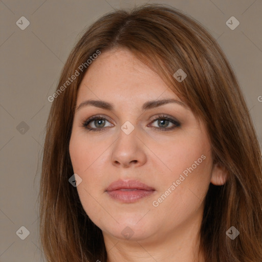 Neutral white young-adult female with long  brown hair and brown eyes