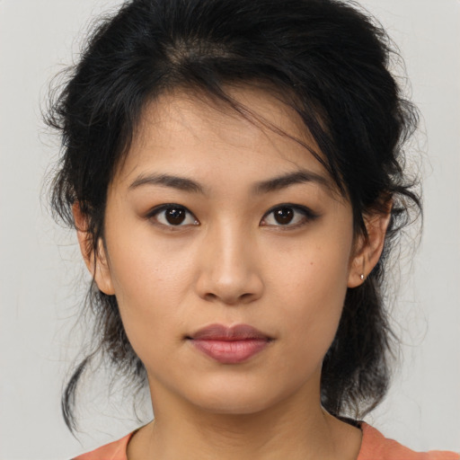 Neutral asian young-adult female with medium  brown hair and brown eyes