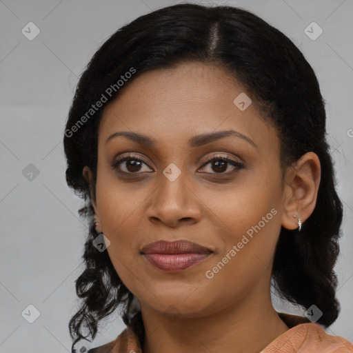 Joyful latino young-adult female with medium  black hair and brown eyes