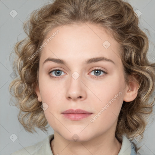 Neutral white young-adult female with medium  brown hair and blue eyes