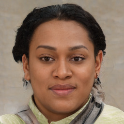 Joyful latino young-adult female with short  brown hair and brown eyes