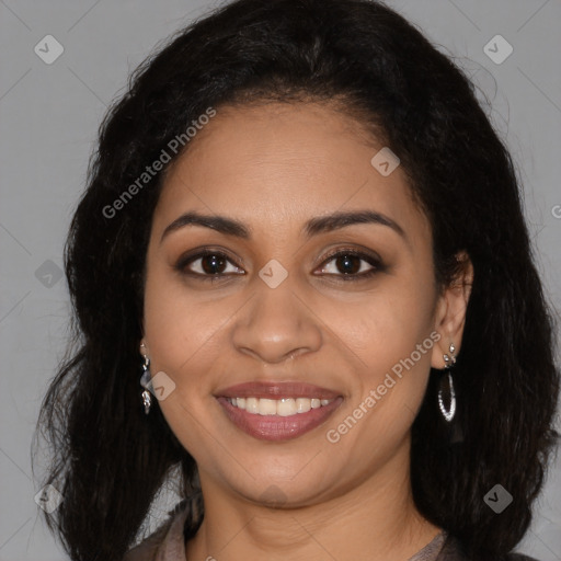 Joyful latino young-adult female with long  brown hair and brown eyes