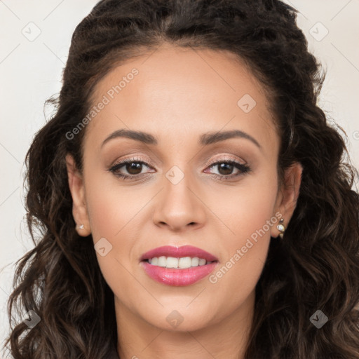 Joyful white young-adult female with long  brown hair and brown eyes