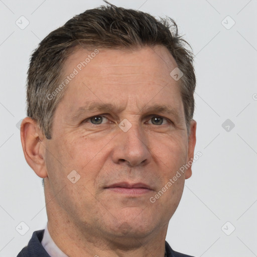 Neutral white middle-aged male with short  brown hair and brown eyes