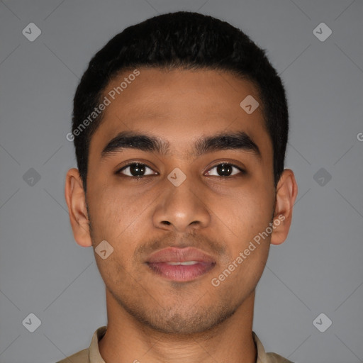 Neutral latino young-adult male with short  black hair and brown eyes