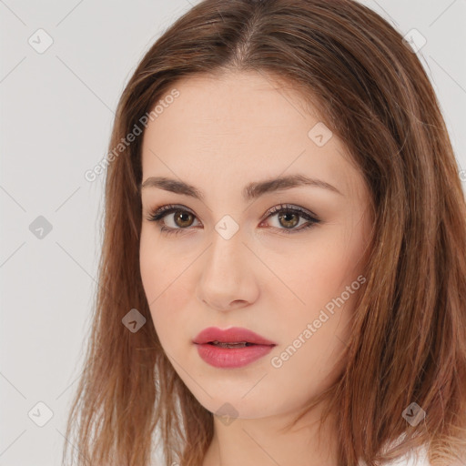 Neutral white young-adult female with long  brown hair and brown eyes