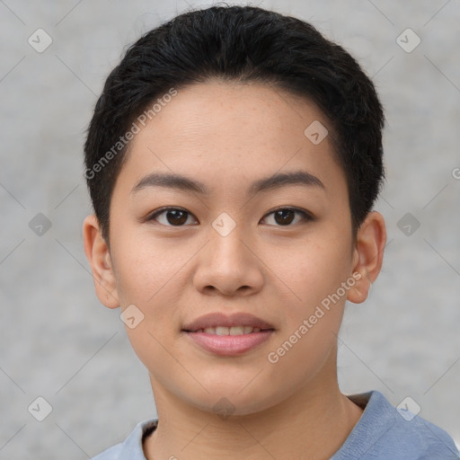 Joyful asian young-adult female with short  brown hair and brown eyes