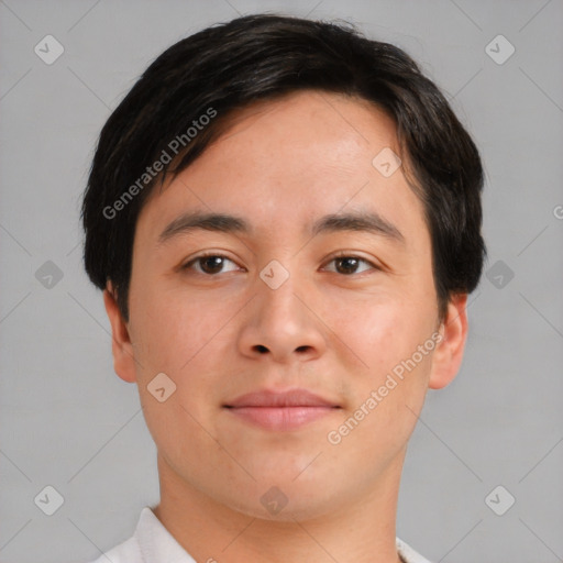 Neutral asian young-adult male with short  brown hair and brown eyes