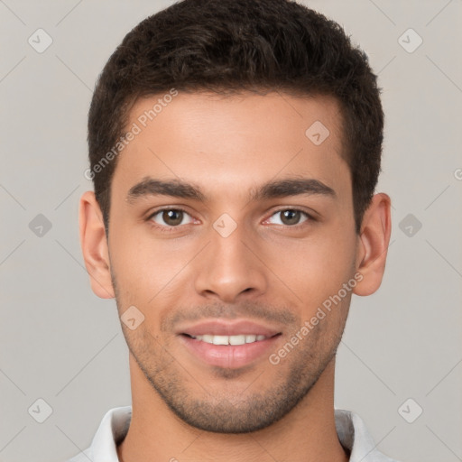 Joyful white young-adult male with short  brown hair and brown eyes