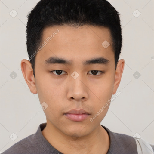 Neutral asian young-adult male with short  black hair and brown eyes