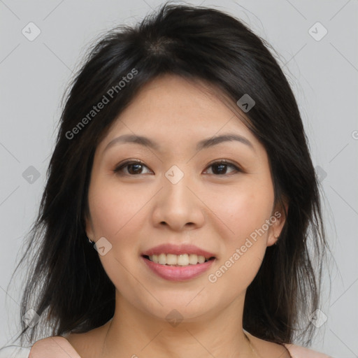 Joyful asian young-adult female with medium  brown hair and brown eyes