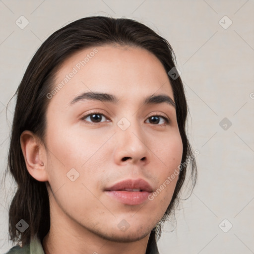 Neutral white young-adult female with medium  brown hair and brown eyes