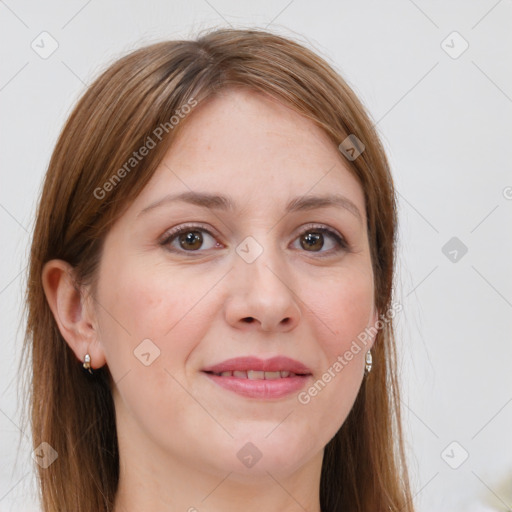 Joyful white adult female with long  brown hair and grey eyes