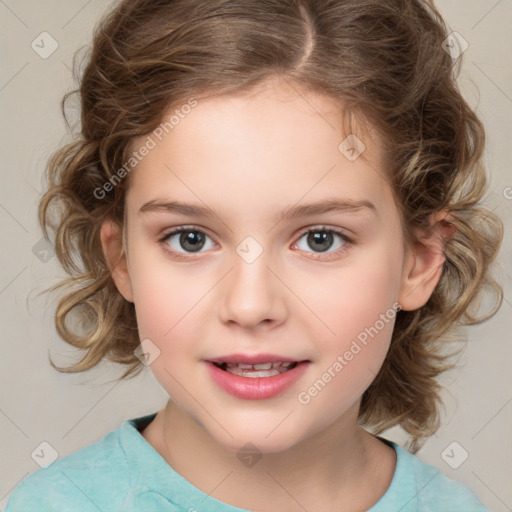 Joyful white child female with medium  brown hair and brown eyes