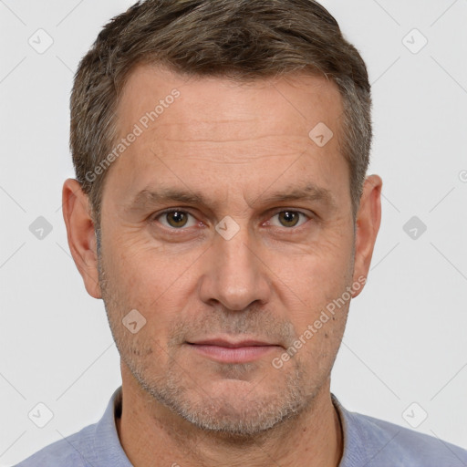 Neutral white adult male with short  brown hair and brown eyes