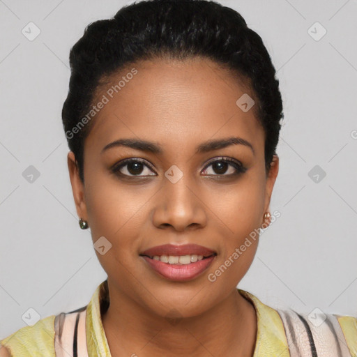 Joyful latino young-adult female with short  black hair and brown eyes