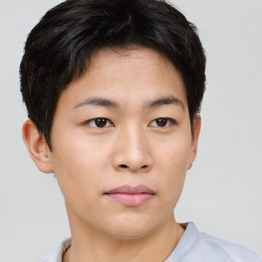 Neutral asian young-adult male with short  brown hair and brown eyes